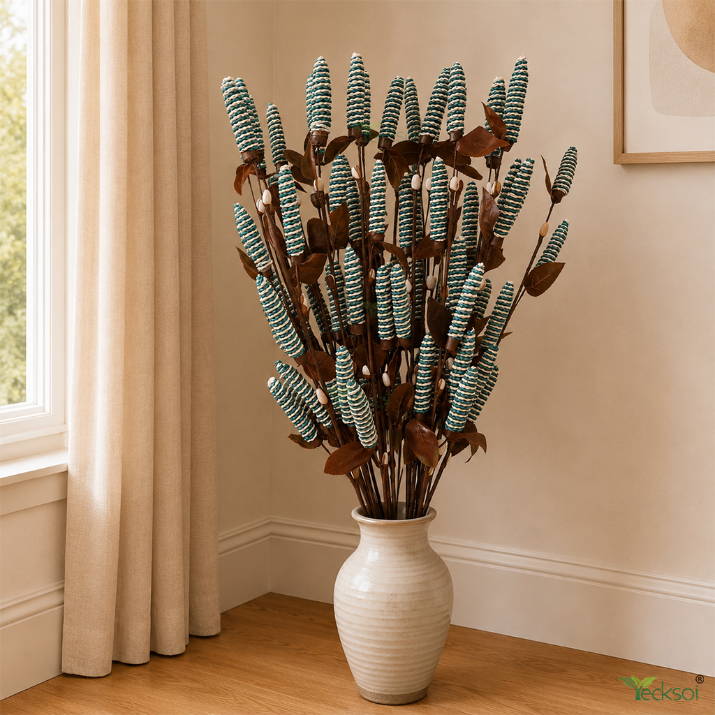 Tecksoi Palm Leaf Pine Chain Natural Blue Dry Flower Sticks – Handmade Premium Palm Leaf Decor for Home &Event Decoration | Pack Of 5