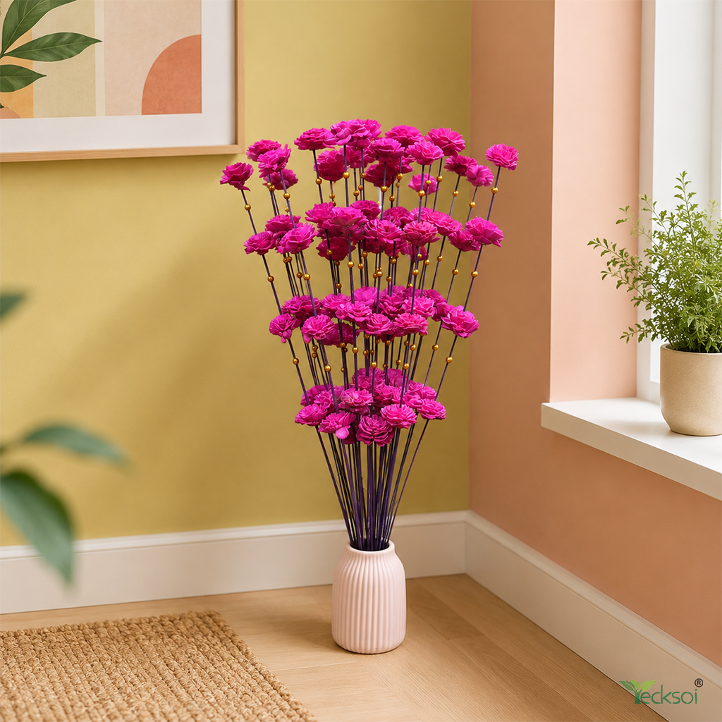 Tecksoi Pink Coco Belle with Golden Moti Sola Wood Flower Sticks – Handmade Premium Dry Flower Decor for Home & Event Decoration | Pack Of 5