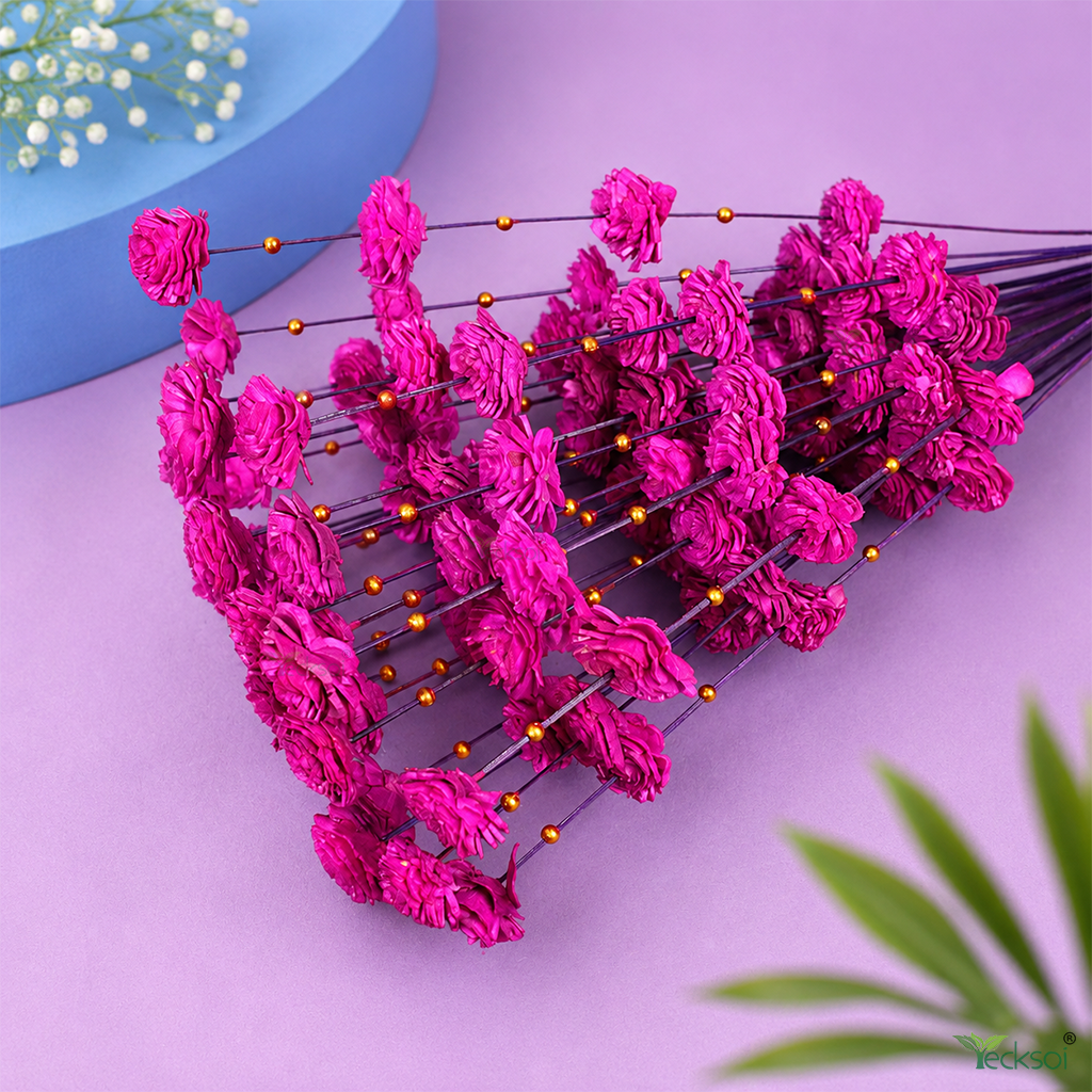 Tecksoi Pink Coco Belle with Golden Moti Sola Wood Flower Sticks – Handmade Premium Dry Flower Decor for Home & Event Decoration | Pack Of 5