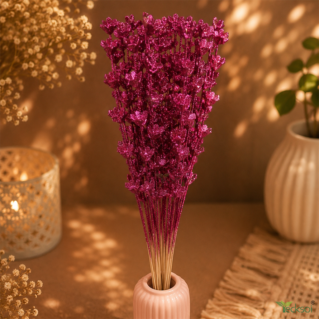 Tecksoi Pink Glitter Touch Sola Wood Flower Sticks – Handmade Premium Dry Flower Decor for Home & Event Decoration | Pack Of 5