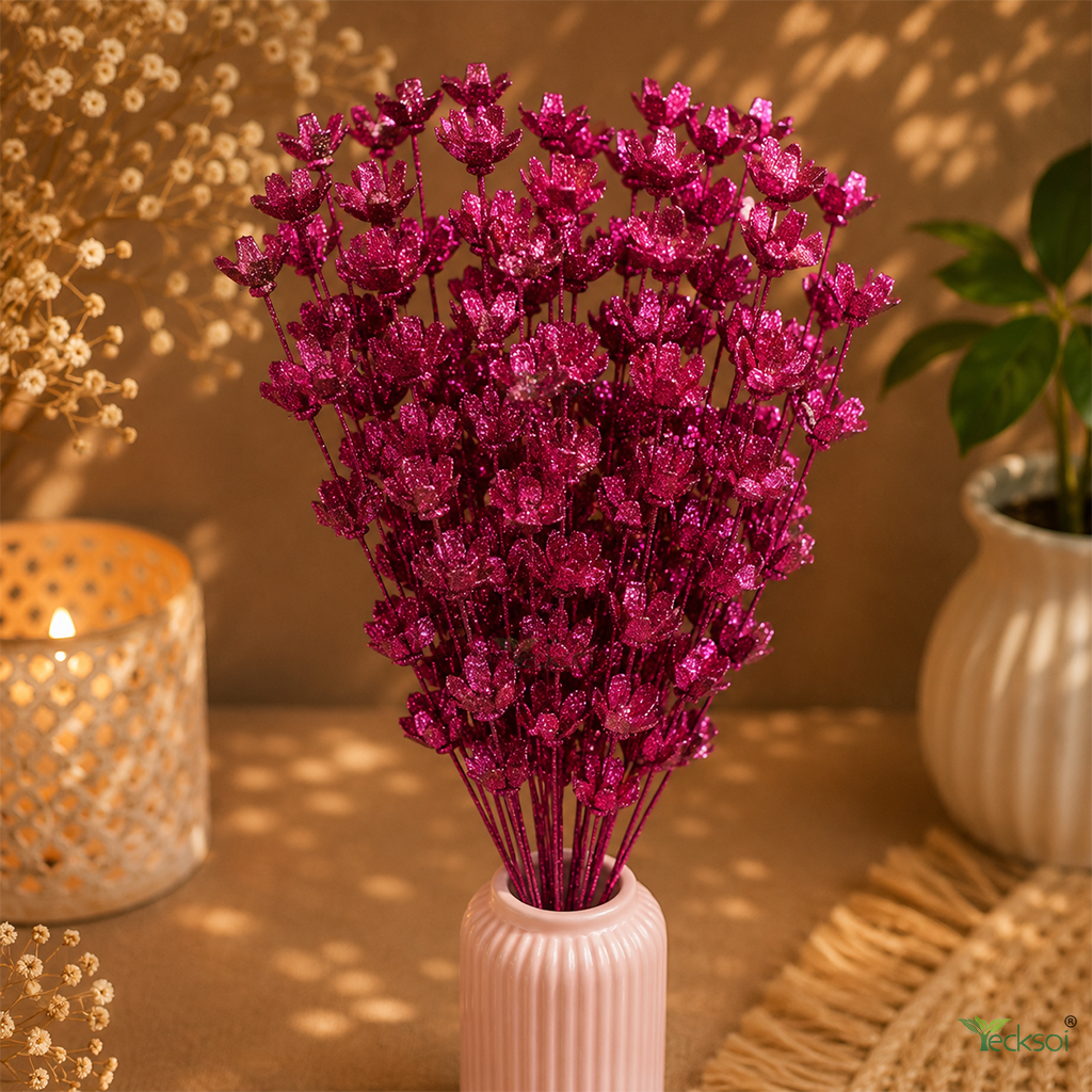 Tecksoi Pink Glitter Touch Sola Wood Flower Sticks – Handmade Premium Dry Flower Decor for Home & Event Decoration | Pack Of 5