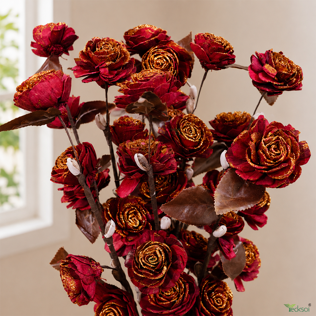 Tecksoi Red Beauty Rose Sola Wood Flower Sticks – Handmade Premium Dry Flower Decor for Home & Event Decoration | Pack Of 5