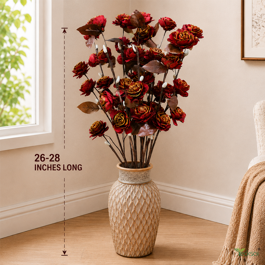 Tecksoi Red Beauty Rose Sola Wood Flower Sticks – Handmade Premium Dry Flower Decor for Home & Event Decoration | Pack Of 5
