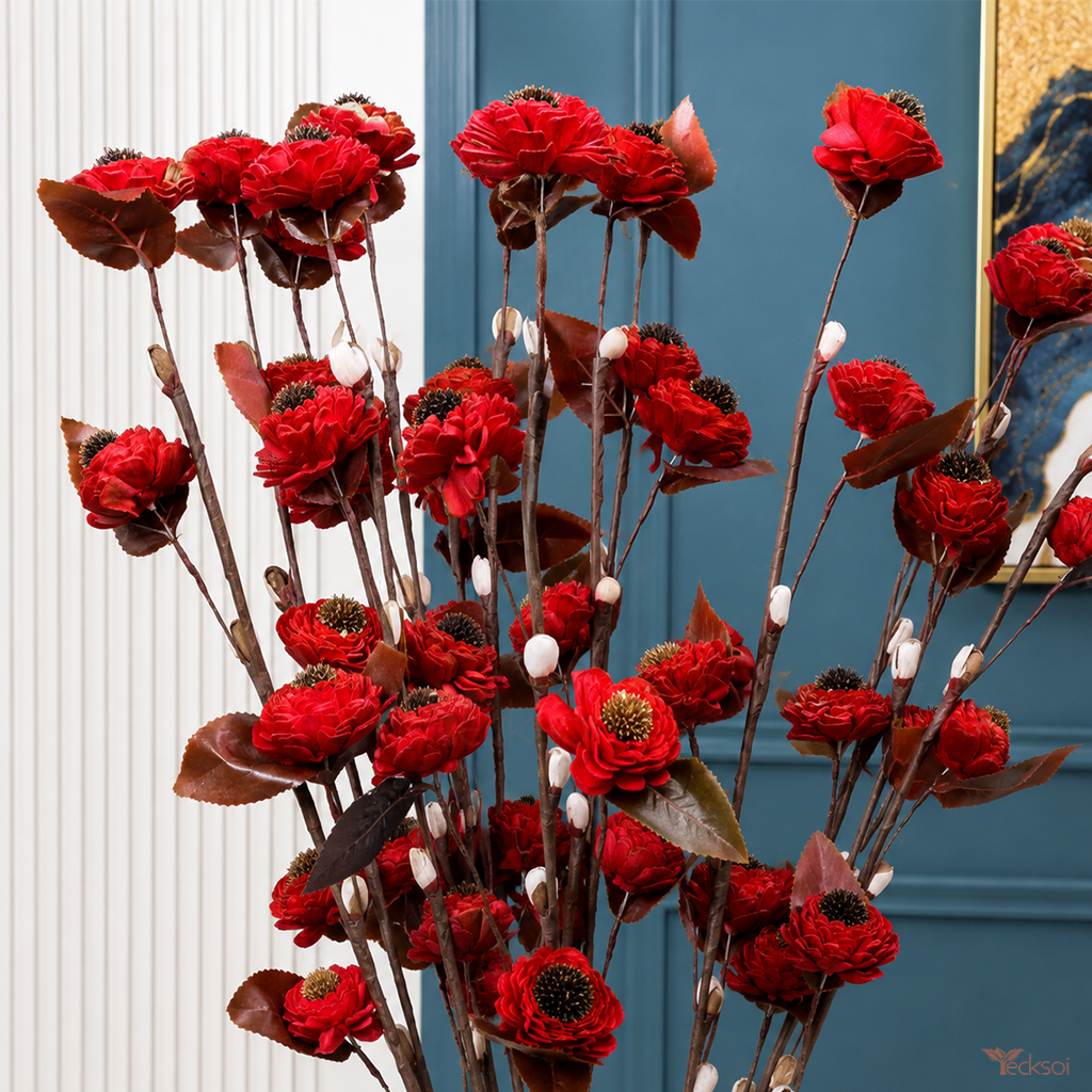 Tecksoi Red Belle Daisy Dried Sola Wood Flower Sticks For Decor | Pack Of 5