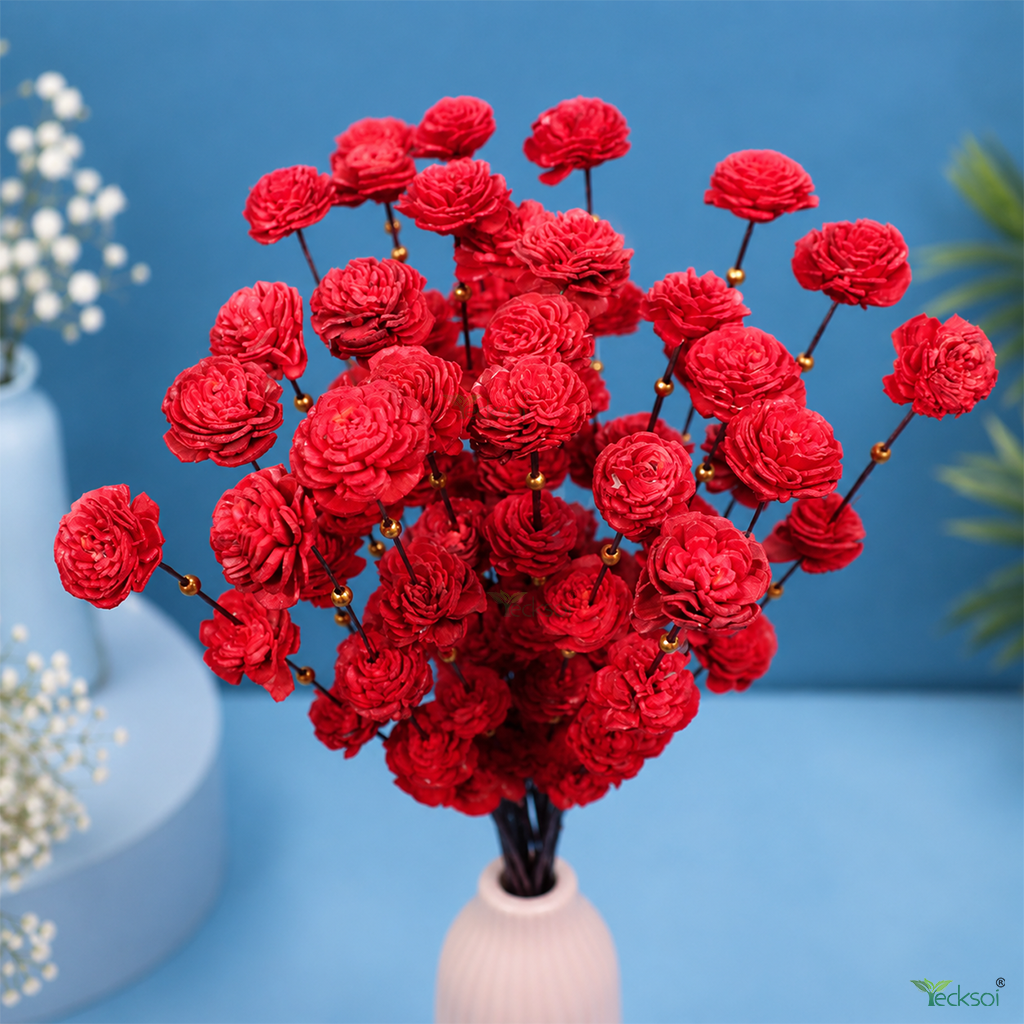Tecksoi Red Coco Belle with Golden Moti Sola Wood Flower Sticks – Handmade Premium Dry Flower Decor for Home & Event Decoration | Pack Of 5