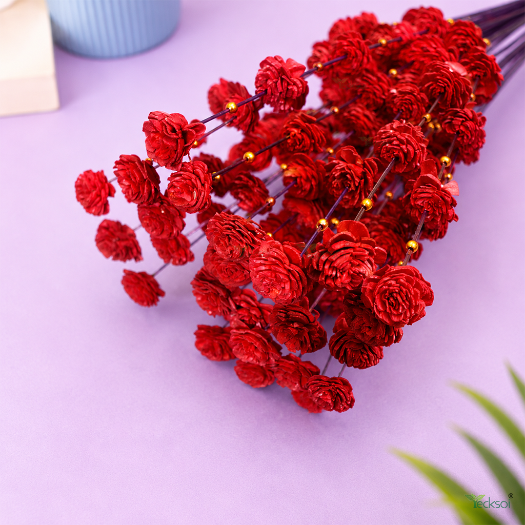 Tecksoi Red Coco Belle with Golden Moti Sola Wood Flower Sticks – Handmade Premium Dry Flower Decor for Home & Event Decoration | Pack Of 5