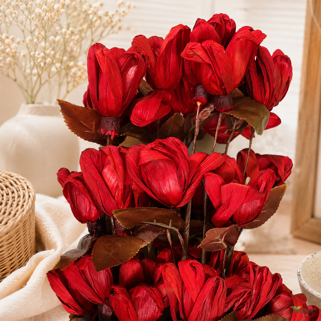 Tecksoi Red Corn Sunflower Sticks – Handmade Corn Leaf Dry Flower Decor for Home & Event Styling | Pack Of 5