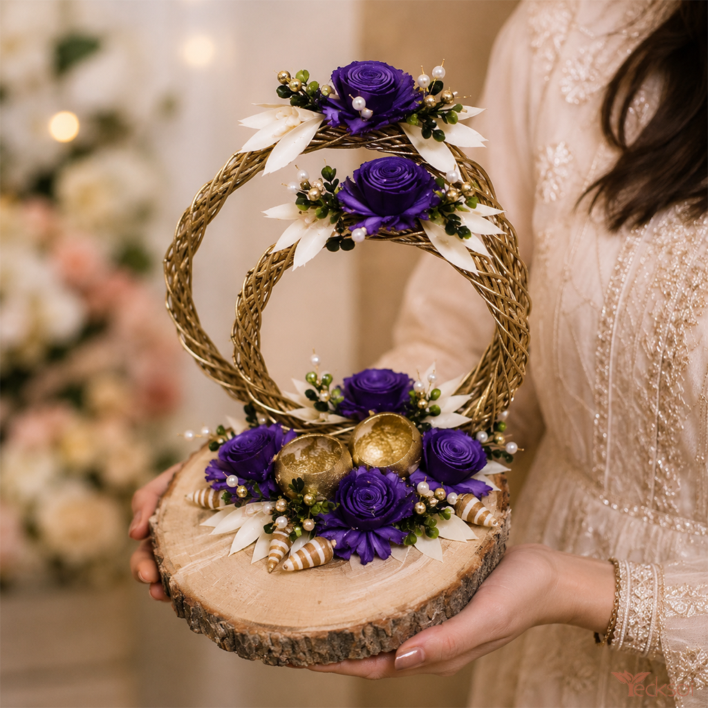 Tecksoi Sanctuary Platter Wooden Ring Tray With Sola Flower & Cannella Berry