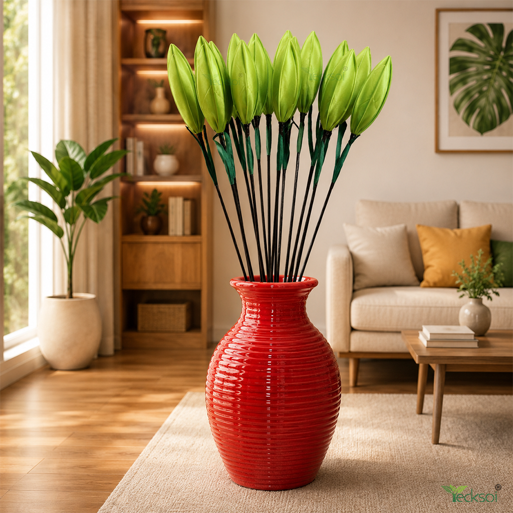 Tecksoi Silk Lotus Buds Green Flower Sticks – Handmade Premium Floral Decor for Home & Event Decoration | Pack Of 5