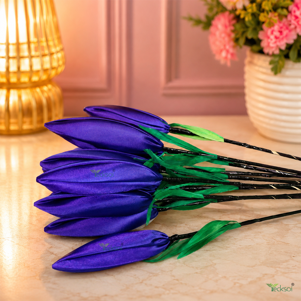 Tecksoi Silk Lotus Buds Royal Blue Flower Sticks – Handmade Premium Floral Decor for Home & Event Decoration | Pack Of 10