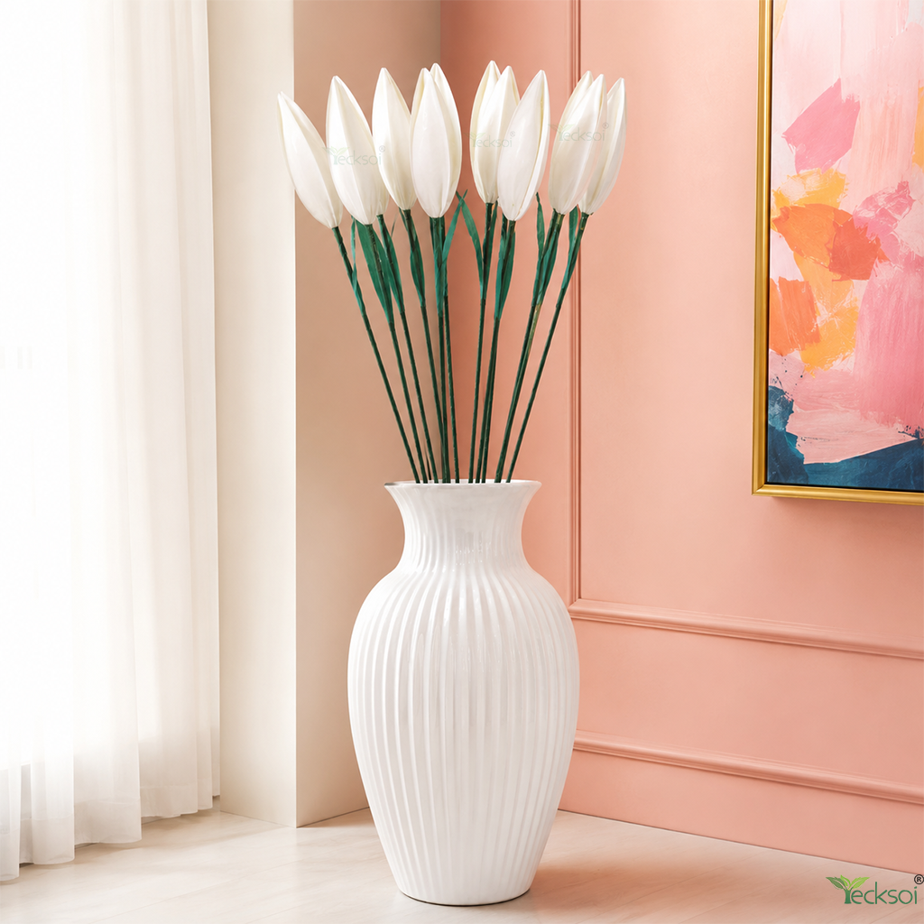 Tecksoi Silk Lotus Buds White Flower Sticks – Handmade Premium Floral Decor for Home & Event Decoration | Pack Of 5