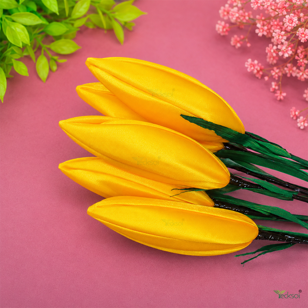 Tecksoi Silk Lotus Buds Yellow Flower Sticks – Handmade Premium Floral Decor for Home & Event Decoration | Pack Of 5