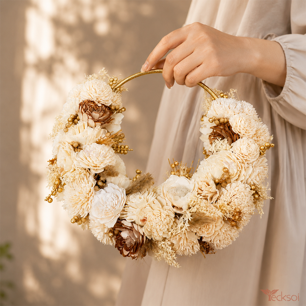 Tecksoi Sola Flower Golden Ring – Premium Handmade Sola Wood Flower Wall Hanging & Decorative Ring