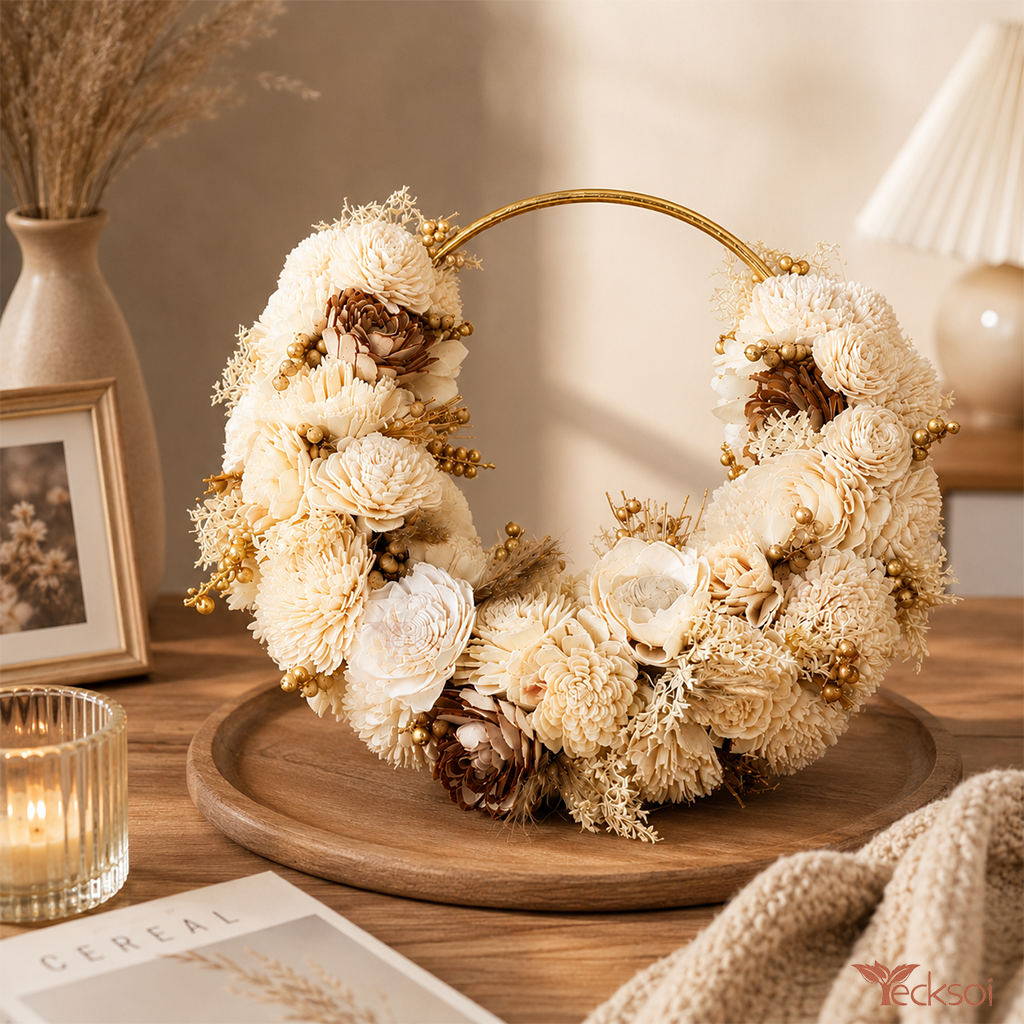 Tecksoi Sola Flower Golden Ring – Premium Handmade Sola Wood Flower Wall Hanging & Decorative Ring