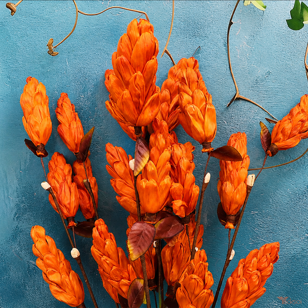 Tecksoi Sola Wood Orange Pine Flower Sticks For Decor | Pack Of 5