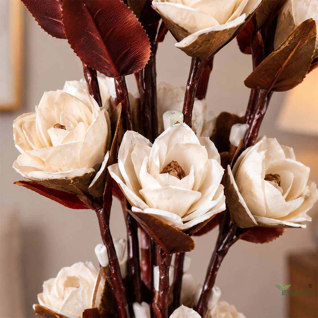 Tecksoi White Rose Sola Wood Flower Sticks – Elegant Handcrafted Dry Flower Decor for Home & Event Styling | Pack Of 5
