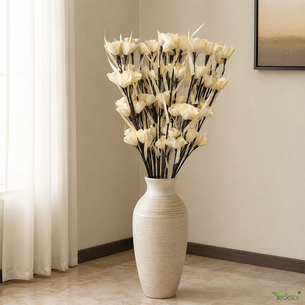 Tecksoi White Palm Daisy Flower Sticks – Handmade Premium Palm Leaf Dry Flower Decor for Home & Event Decoration | Pack Of 5