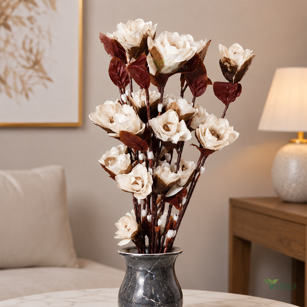 Tecksoi White Rose Sola Wood Flower Sticks – Elegant Handcrafted Dry Flower Decor for Home & Event Styling | Pack Of 5