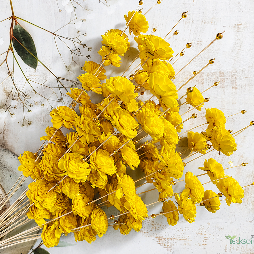 Tecksoi Yellow Coco Belle Sola Wood Flower Sticks | Pack Of 5 | Premium Quality