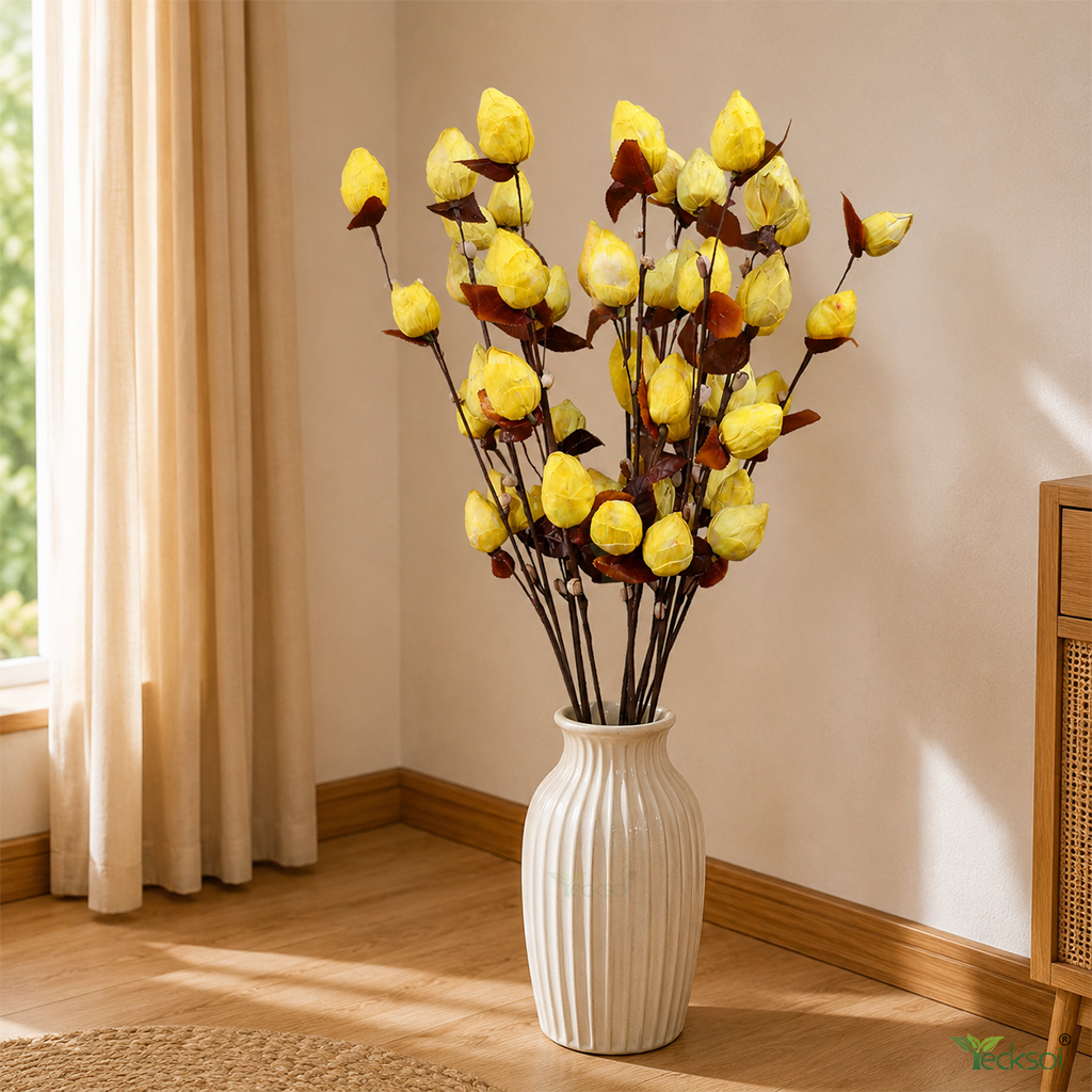 Tecksoi Yellow Lotus Buds Sola Wood Flower Sticks – Handmade Natural Dry Flower Decor for Home Event Styling | Pack Of 5