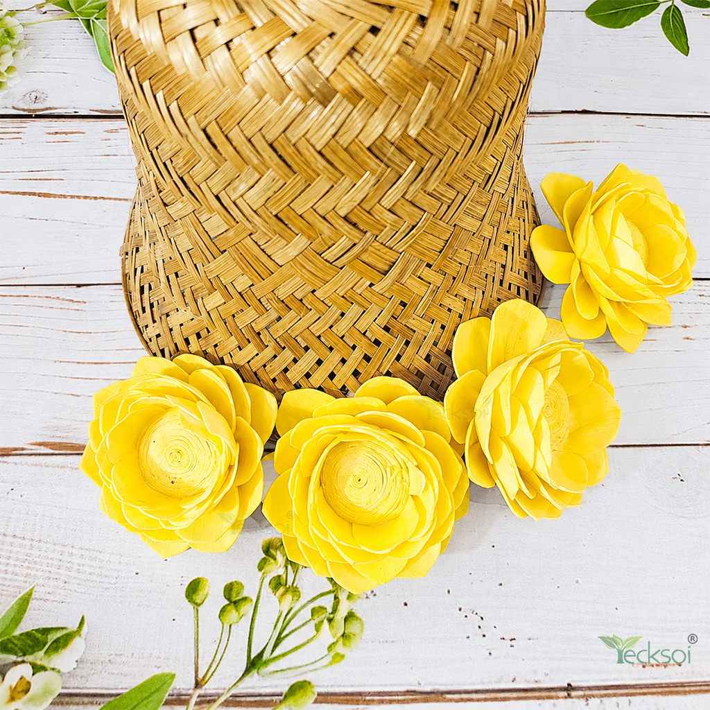Tecksoi Yellow Lotus Sola Wood Flower – Realistic Handcrafted Floral Decor with Bright Natural Elegance | Pack Of 10