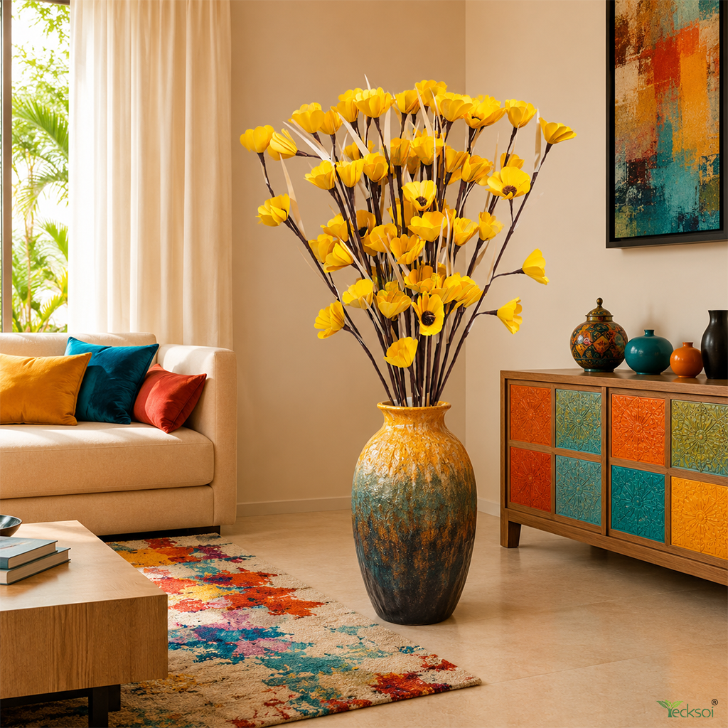 Tecksoi Yellow Palm Daisy Flower Sticks – Handmade Premium Palm Leaf Dry Flower Decor for Home & Event Decoration | Pack Of 5