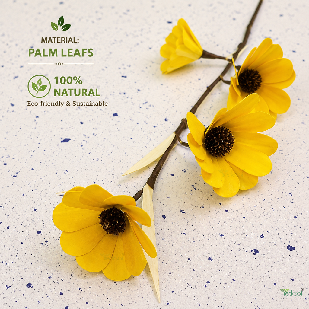 Tecksoi Yellow Palm Daisy Flower Sticks – Handmade Premium Palm Leaf Dry Flower Decor for Home & Event Decoration | Pack Of 5