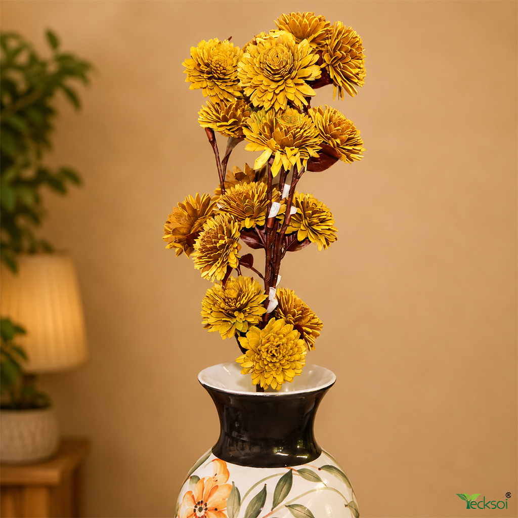 Tecksoi Yellow Zinnia Sola Wood Flower Sticks – Premium Handcrafted Dry Flower Decor for Home Event Styling  | Pack Of 5